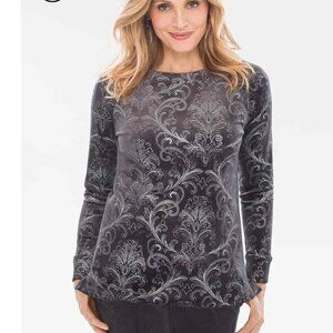 Chico’s ~ Zenergy Serene Gray Velour Foil Scroll Tunic Top in size Medium/ 8-10